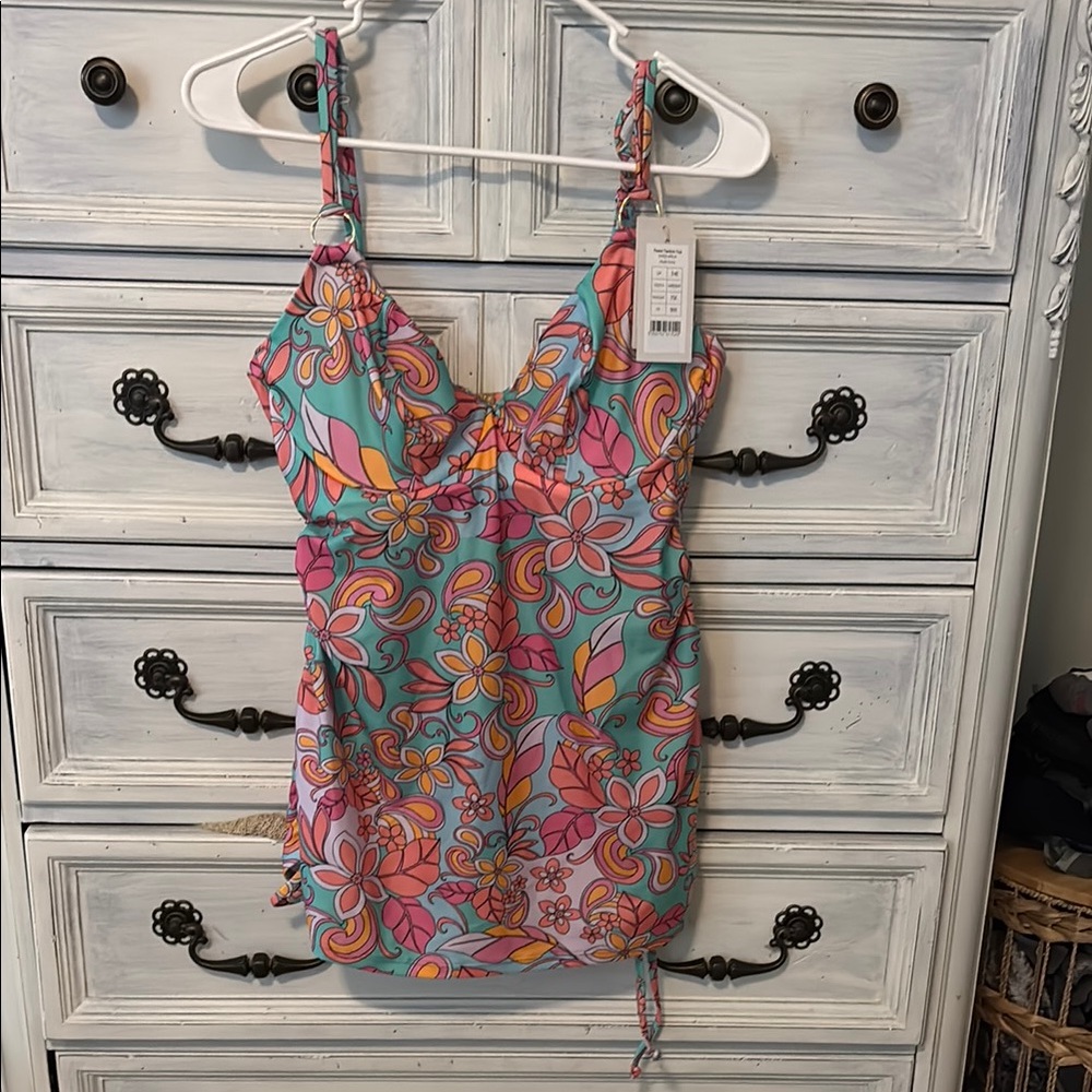 Pink and Blue Ruched Camisole Swim Top